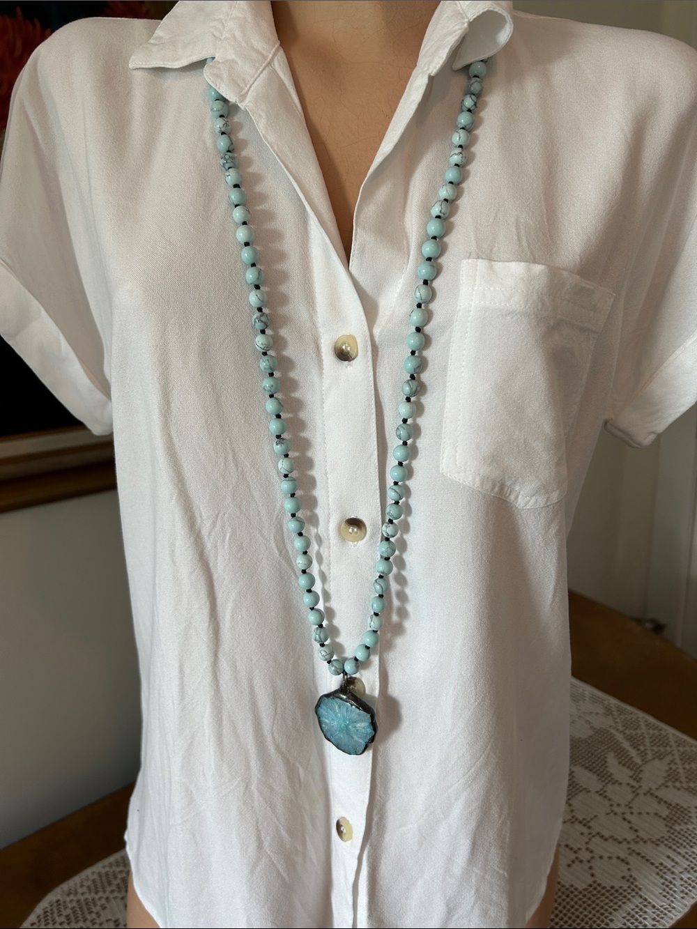 Turquoise Beaded Statement Necklace with Agate Pendant - Women Jewelry